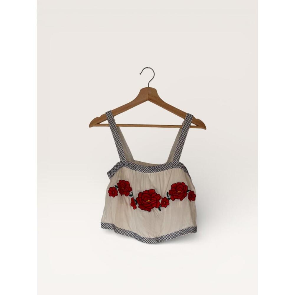 Forever 21 White Floral Embroidered Crop Top with Blue Trim Boho